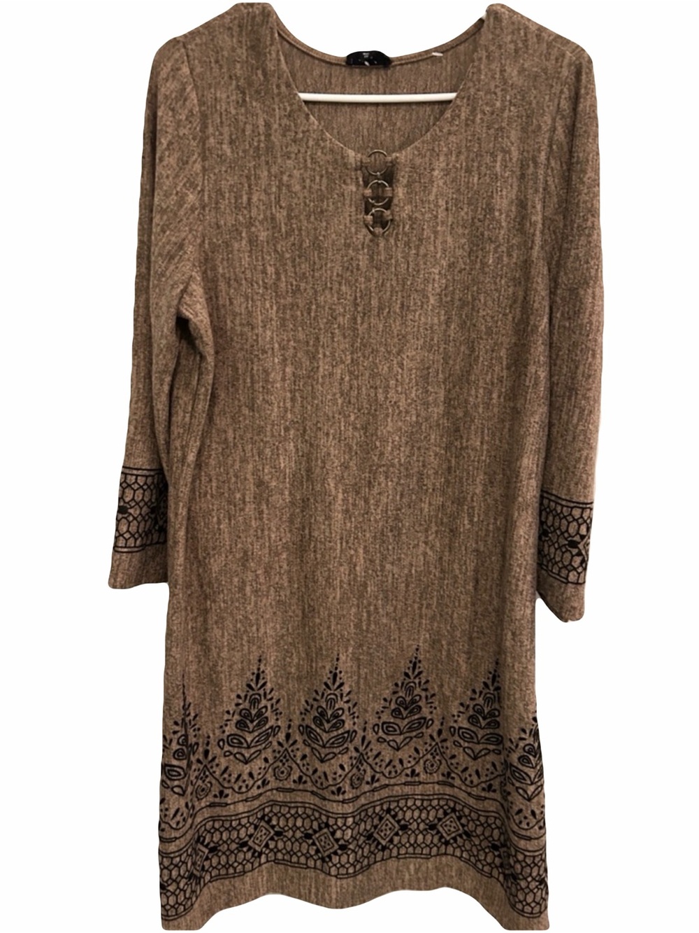 Tacera Brown Long Sleeve Dress with Black Border Print